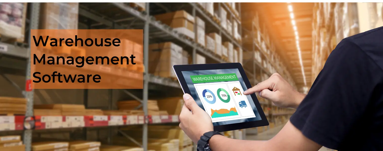User managing inventory in a warehouse using advanced warehouse management software on a tablet for streamlined operations