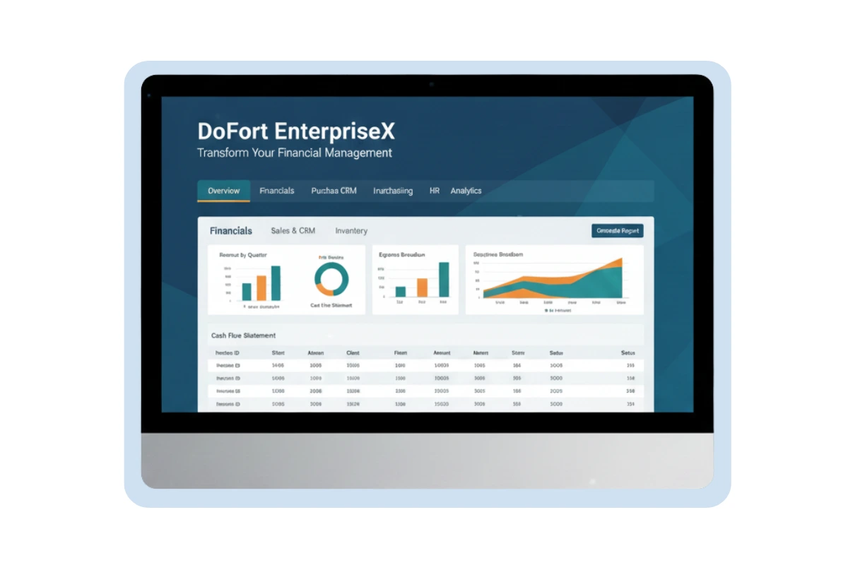 DoFort EnterpriseX Dashboard showing financial analytics and reporting.