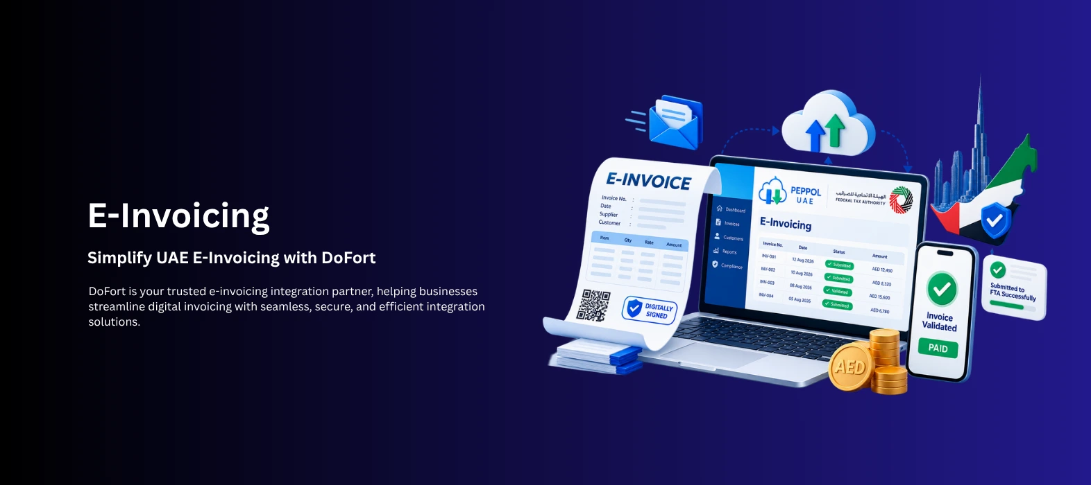 E-Invoicing UAE banner showing digital invoicing, UAE compliance and structured invoice automation for businesses 