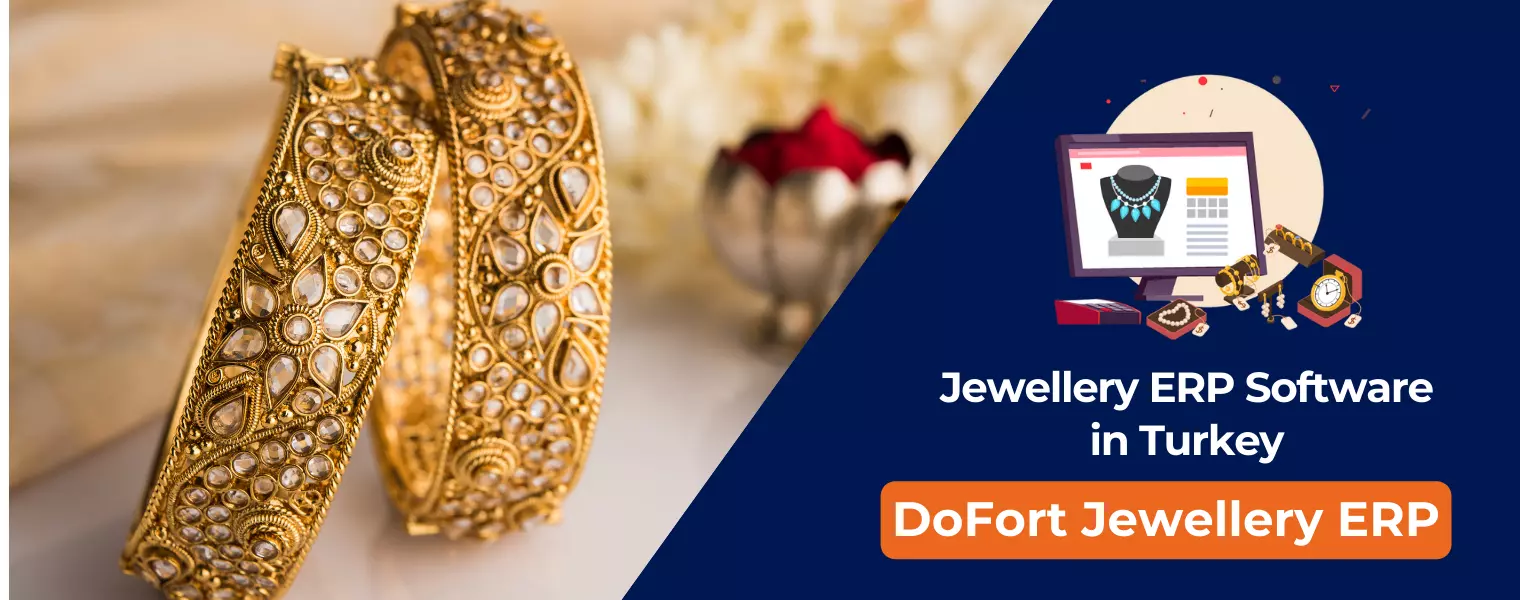 The interface of the Jewelry ERP software highlights functions such as inventory management, production tracking, and sales analysis.