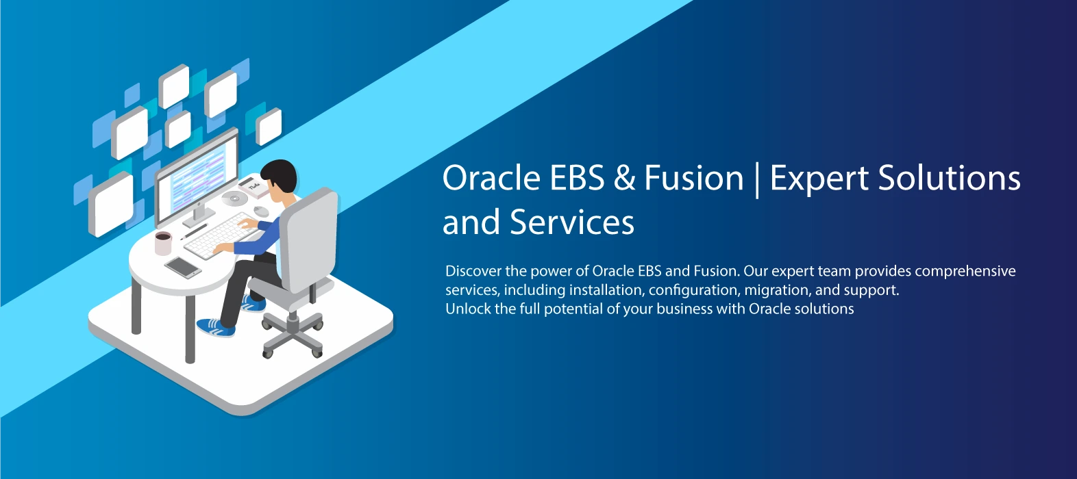 An employee working on a computer, showcasing seamless integration with Oracle Fusion applications for business efficiency.