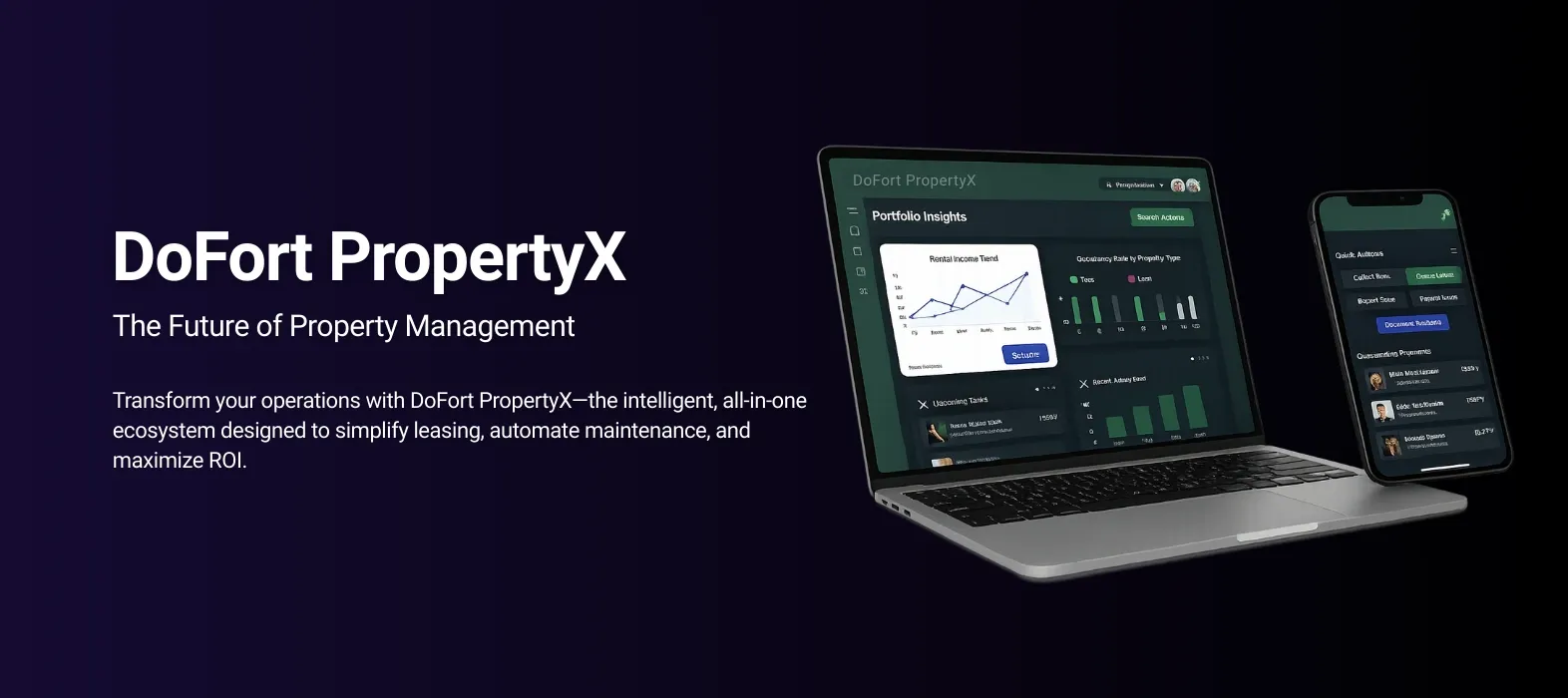 Property management software ERP dashboard displayed on laptop and mobile devices